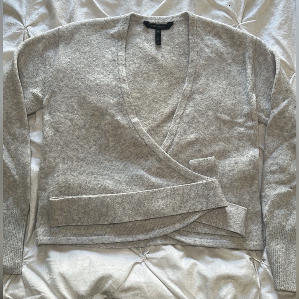BCBGMAXAZRIA Grey Ballerina Style Self-Tie Wrap Sweater Size Small - Picture 9 of 9